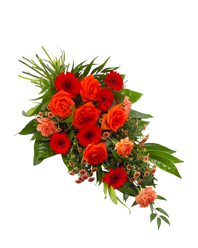 Oranje en rood rouwboeket