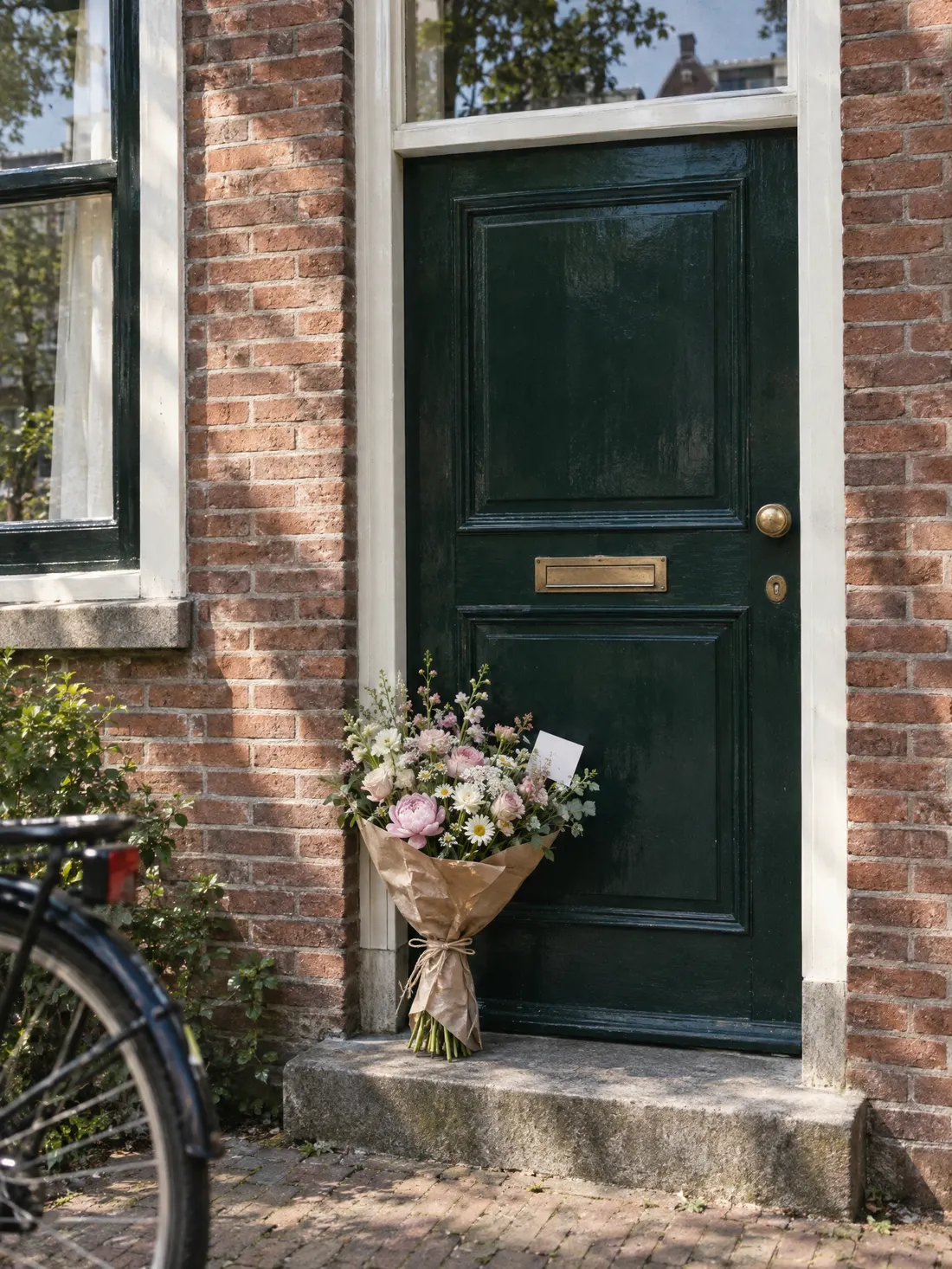 Boeket in kraftpapier bij een Haarlemse voordeur