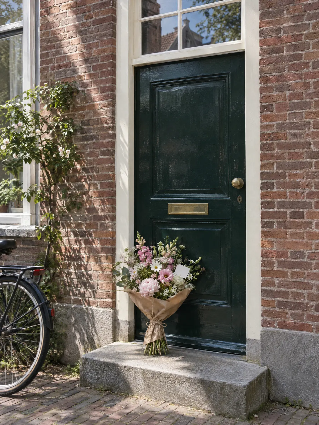 Een boeket in kraftpapier op de stoep voor een groene voordeur