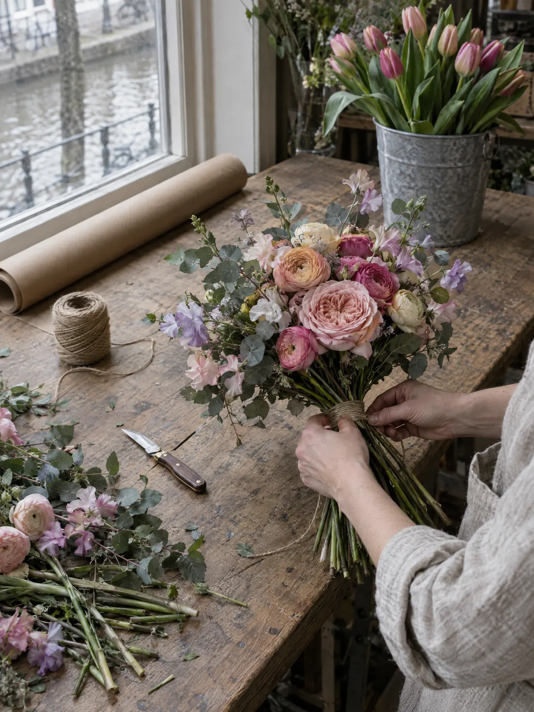 Handen binden een boeket op een houten werkbank