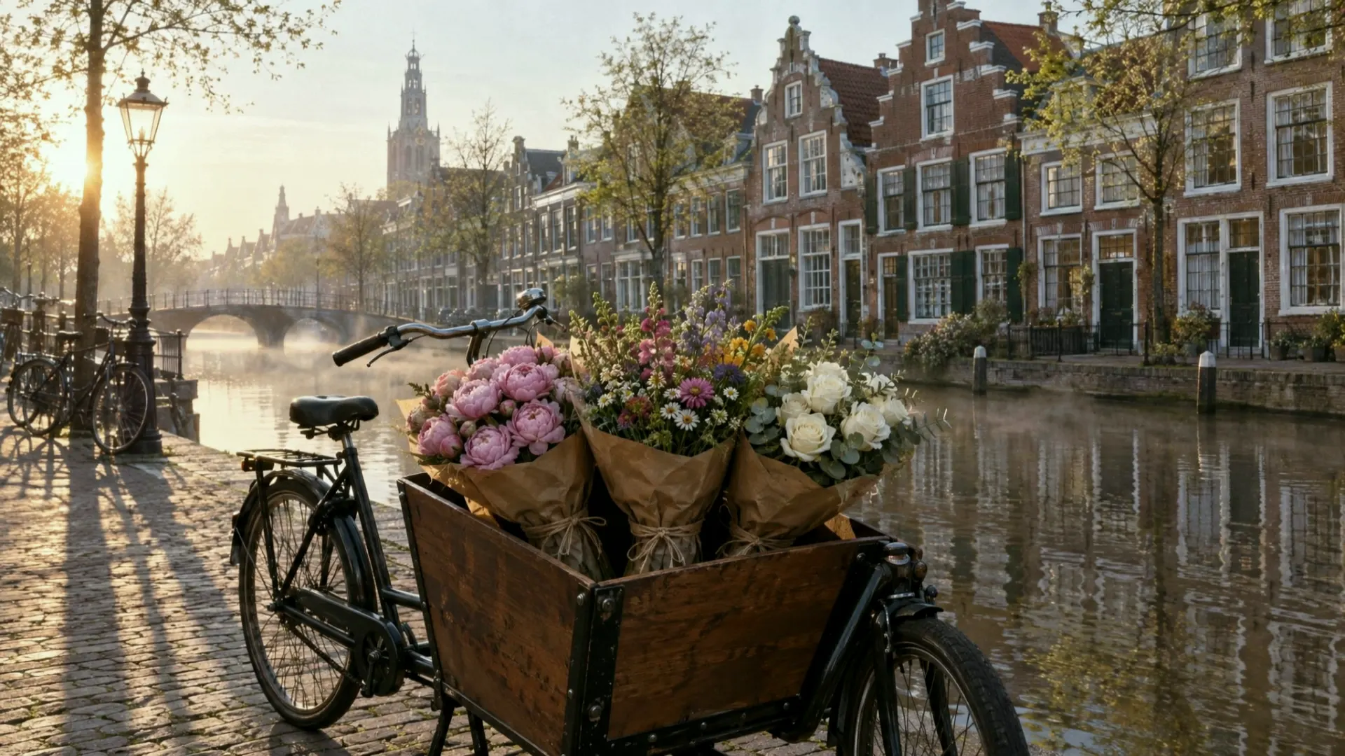 Een bakfiets vol boeketten in kraftpapier langs een Haarlemse gracht